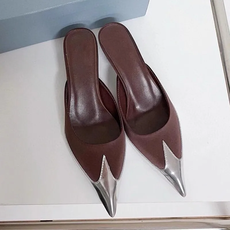 

Colorblock Low-Heeled Metal Pointed-Toe Mules French-Style Stiletto Slippers Outdoor Wear Slip-On Lazy Sandals Women Shoes