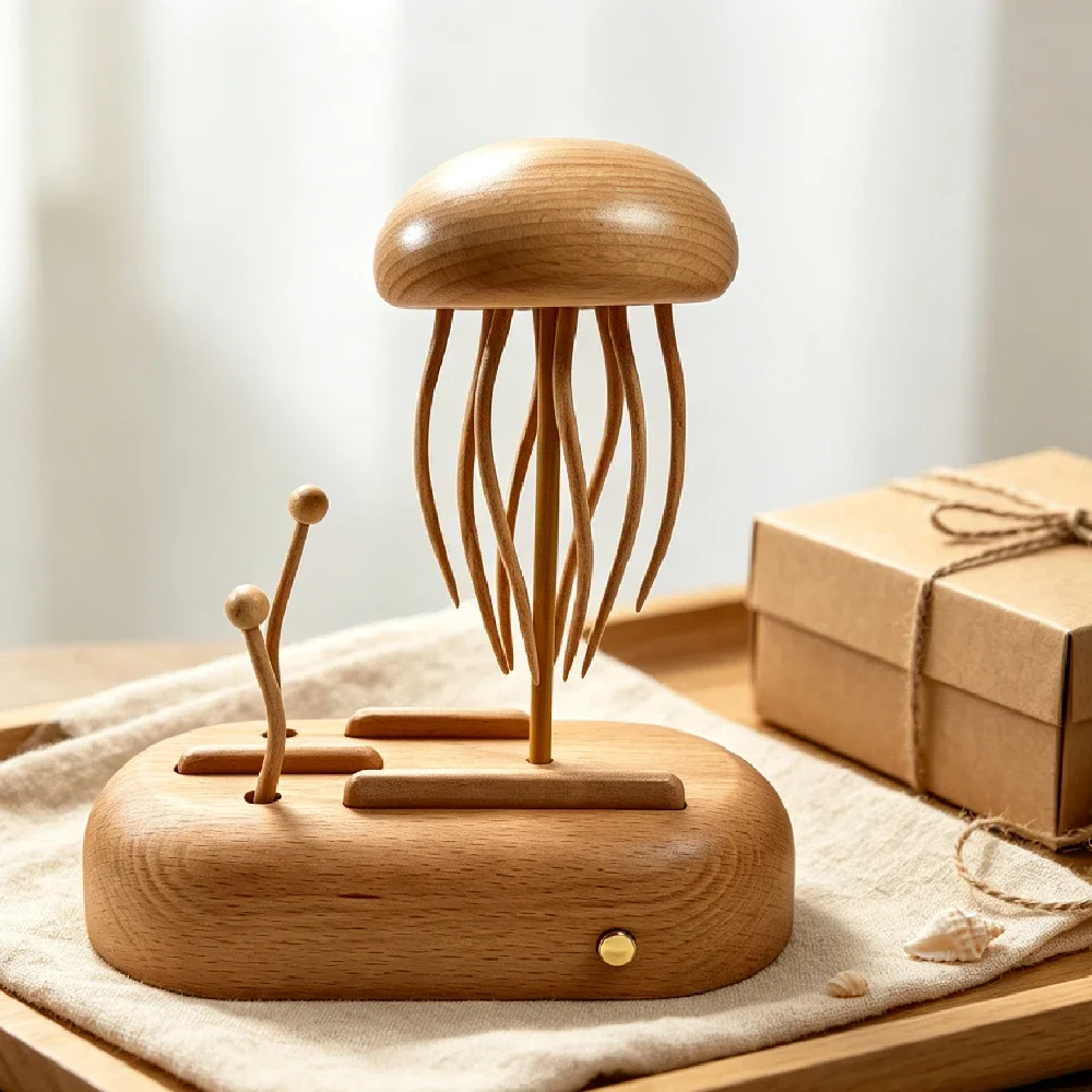 Kinetic Marine Wooden Jellyfish Sculpture, Dynamic Moving Model, Relaxation Desktop Decoration, Present for Lovers and Friends
