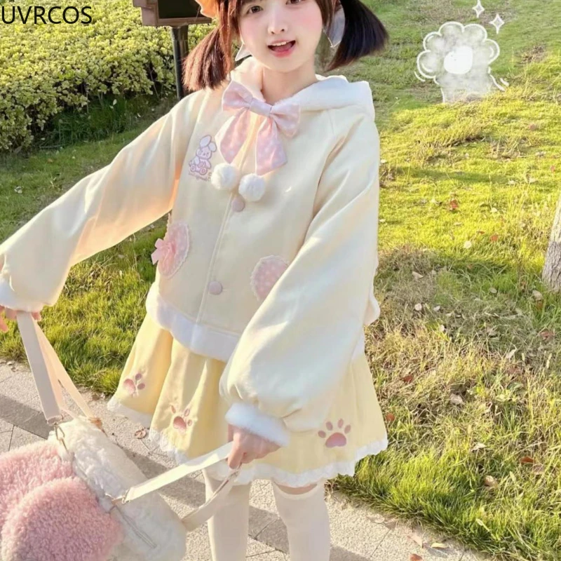 Autumn Winter Kawaii Lolita Style Sweet 2 Piece Set Woman Cute Bunny Ear Hooded Woolen Coat Y2k Mini Skirts Korean Fashion Suit