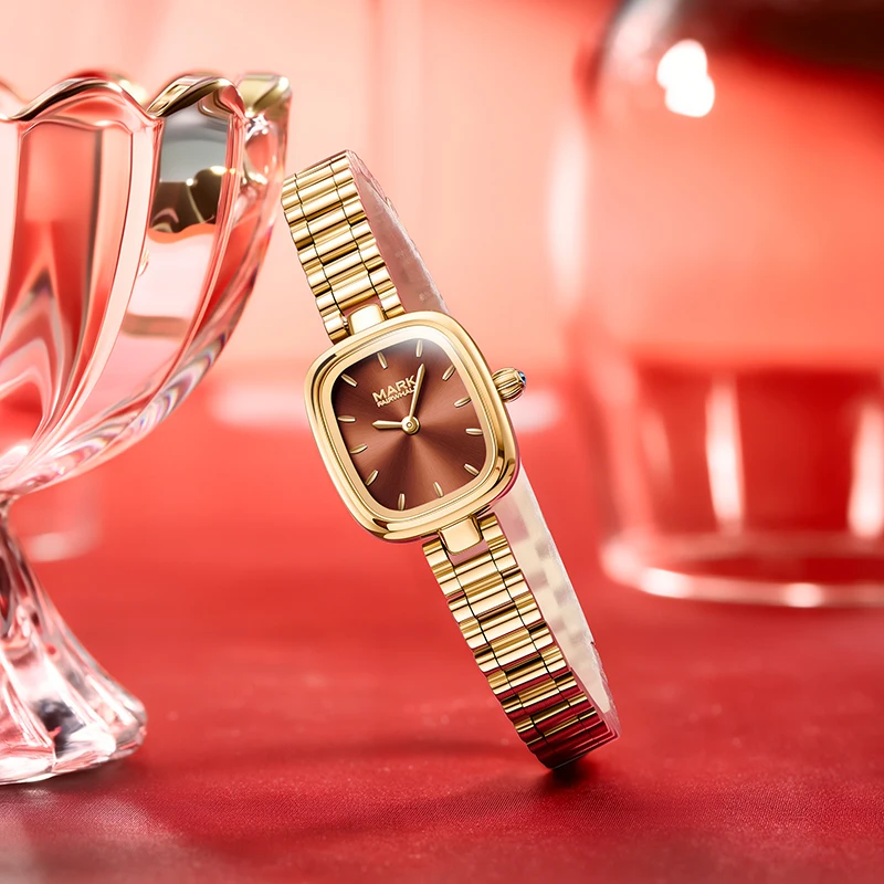 

MARK FAIRWHALE Ladies Square Watch Gold Metal Case Brown Dial Quartz Movement Fashion Women's Wristwatch