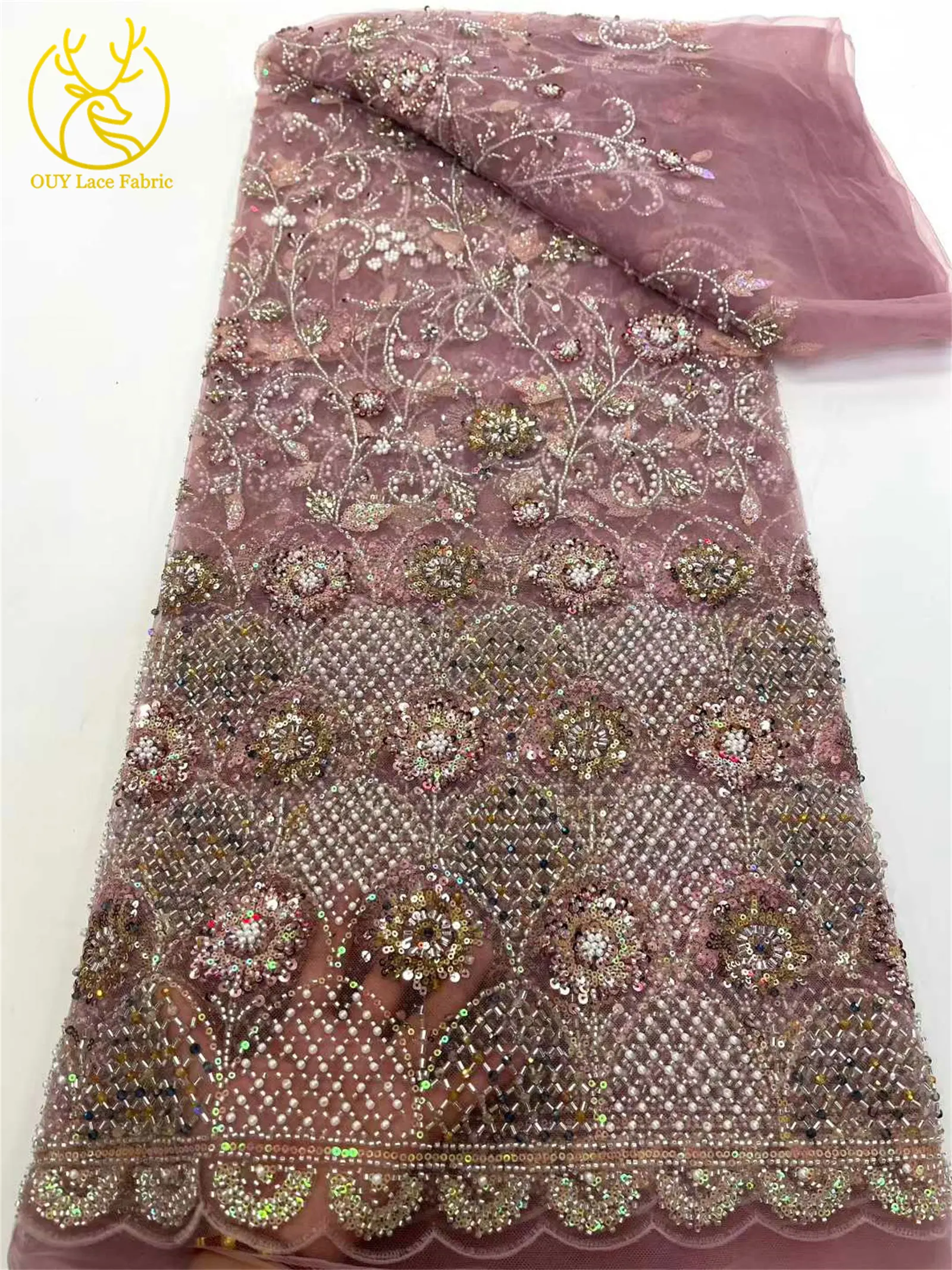 Роскошная французская сетчатая кружевная ткань с вышивкой и блестками, 5 ярдов, африканская нигерийская кружевная ткань с бисером для вечернего платья, швейный материал