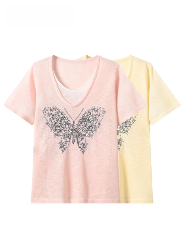 

Loose Short Sleeve round Neck T-Shirt Women's plus Size Summer New Style Cara CLUB Big Shoulder Fashionable Casual Knitted Top