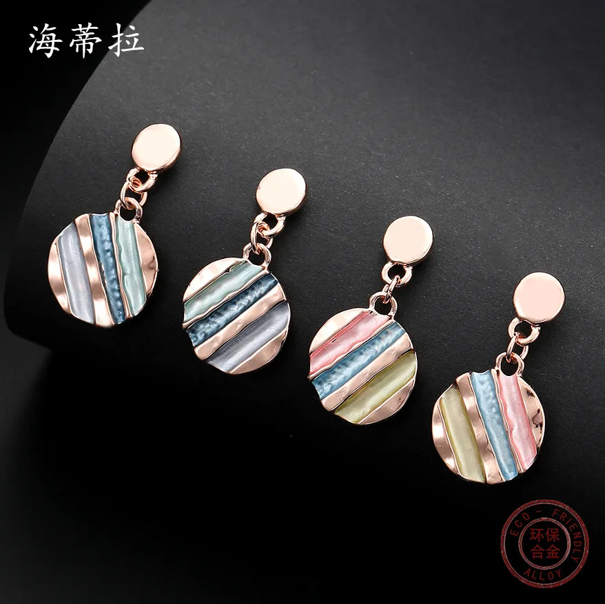 explosion Round colored zebra crossing drip earrings Versatile temperament Internet celebrity female simple alloy e