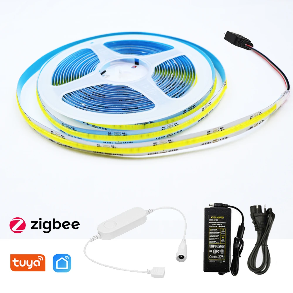 Tuya Zigbee 3.0 COB CCT LED Strip Light 12V 24V 1m-10m WWCW Flexible Dimmable Lamp Power Adapter Full Kit f Alexa Home Assistant