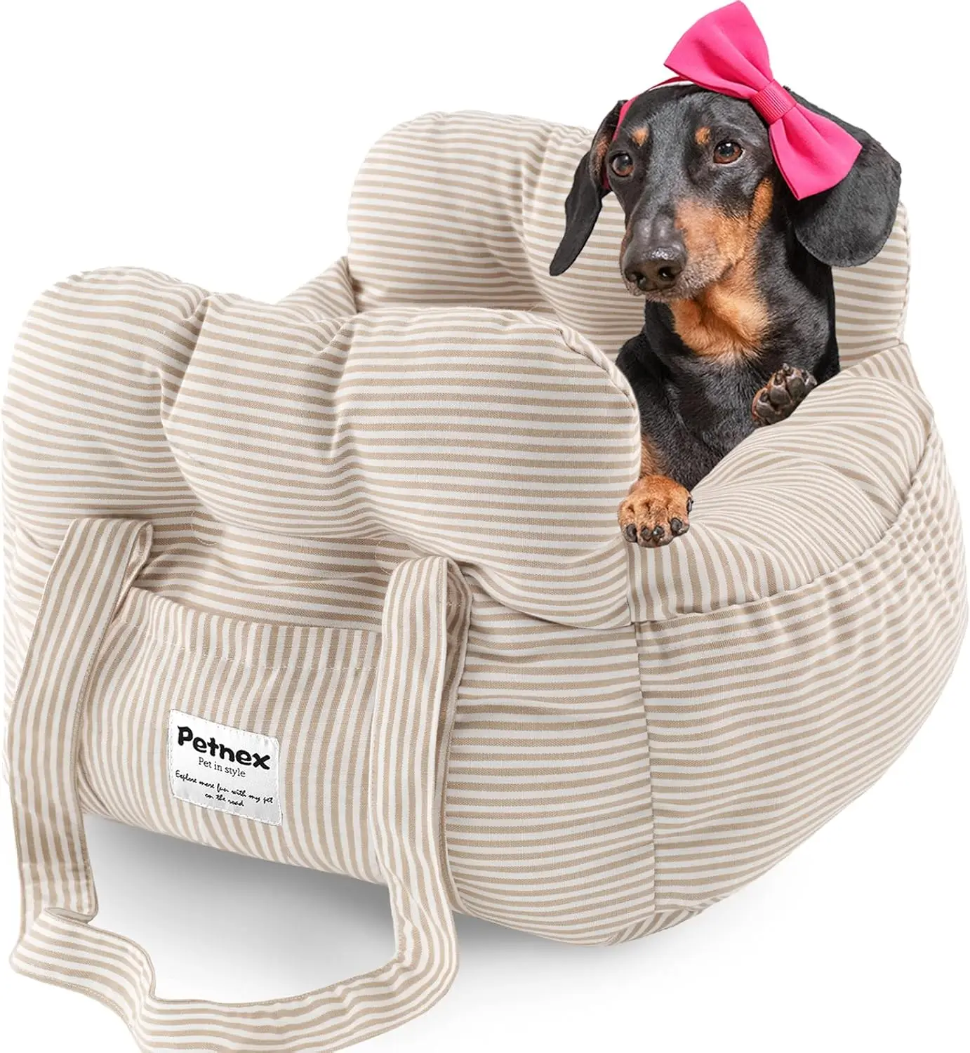 

Nuvelle Store Dog Car Seat for Small Dogs, Portable Puppy Car Seat of Easy Installation, Fashionable Pet Carrier Bag with Large Pockets, Machine Washable Dog Booster Seat (Striped Khaki)