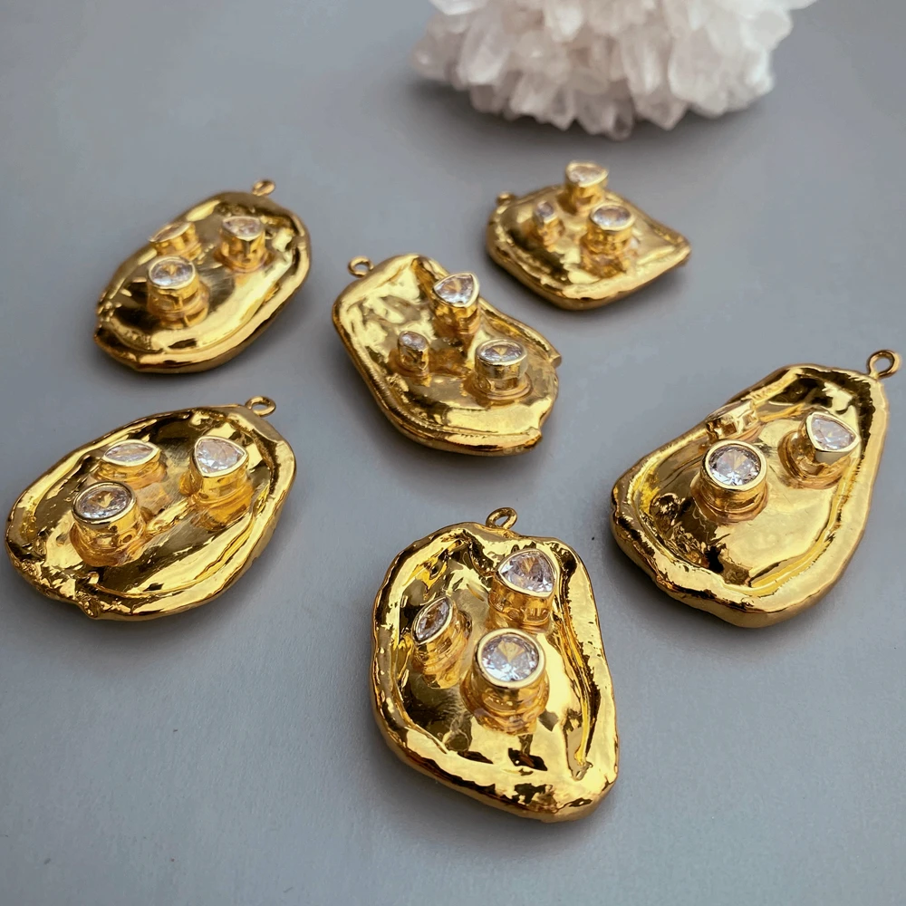 5 PCS Freshwater Cultured Keshi Pearl Gold Plated Pendant Cz Pave Charm DIY Jewelry Finding