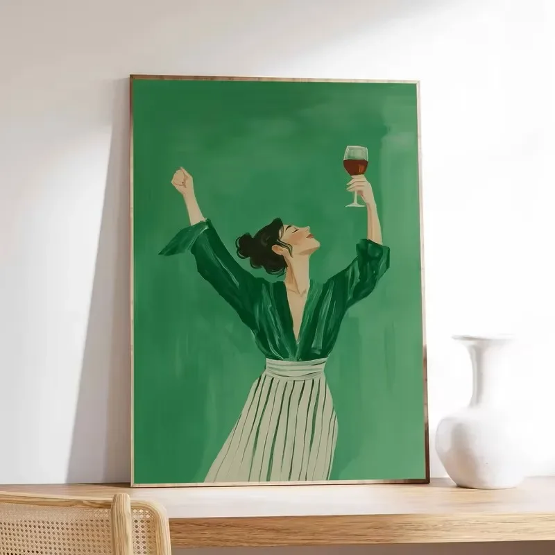 Elegant Lady A Green Dress Holding A Red Wine Glass Canvas Poster Modern Wall Art Painting Home Decoration Living Room Bedroom