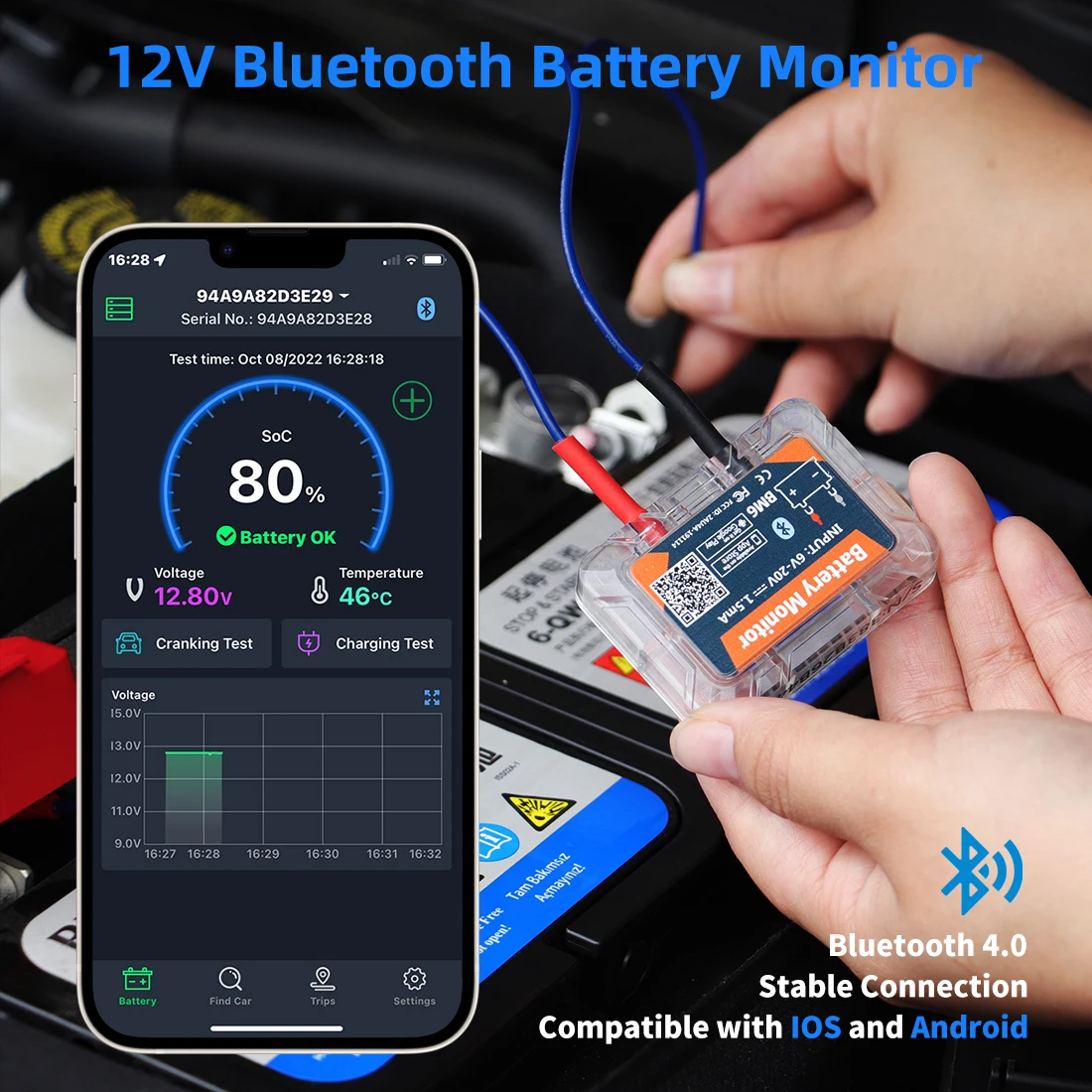 12V Battery Monitor Tester with Bluetooth 4.2 Wireless Charging Cranking Test Diagnostic Tool