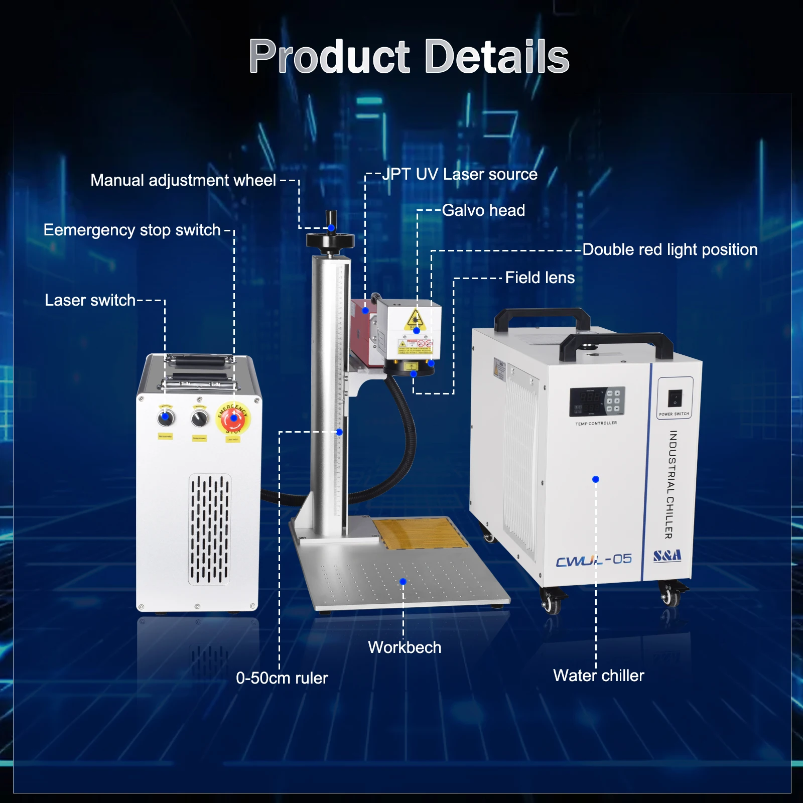 [مخزون الاتحاد الأوروبي/الولايات المتحدة] آلة الوسم بالليزر JPT مع مبرد HL Lightburn يدعم آلة النقش بالليزر للأشعة فوق البنفسجية للمعادن والأكريليك الخشبي