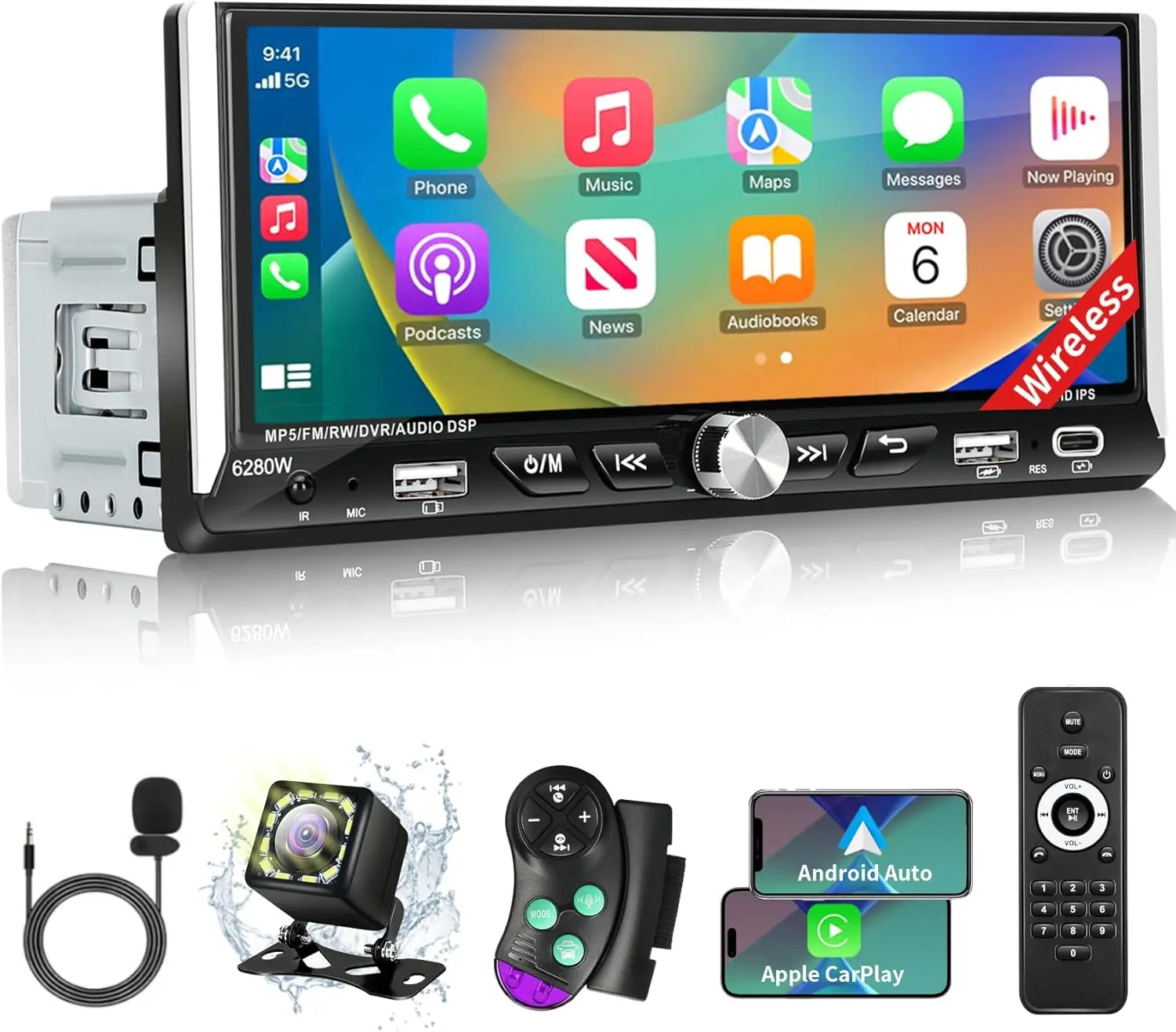 

6.9" Wireless Apple Carplay Android Auto Single Din Car Stereo with Bluetooth 5.2, Backup Camera, GPS, FM/AM, EQ, SWC