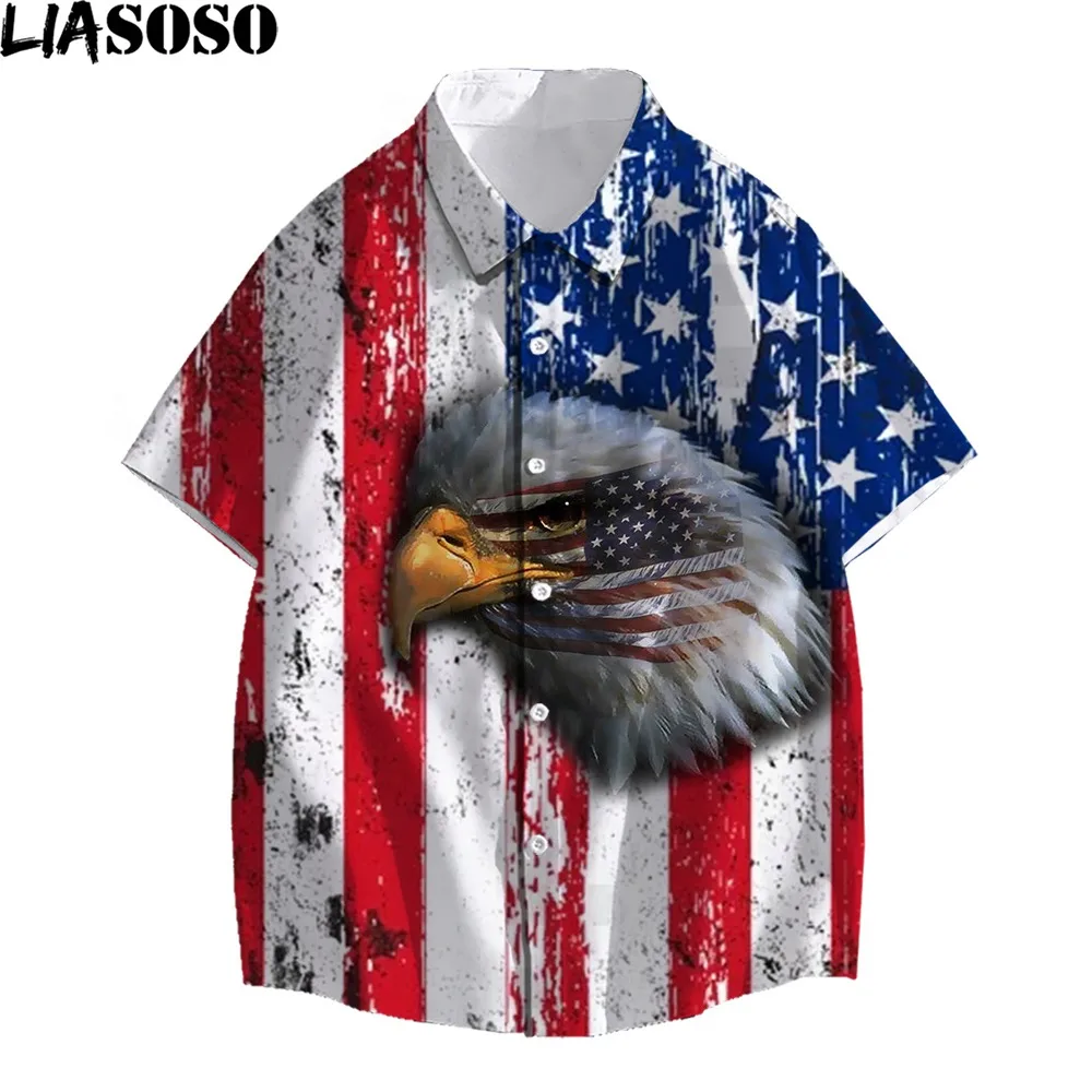 

LIASOSO 3D Print Vintage Hawaiian Men's Women's Shirts Beach Surf Vacation American Flag Distressed Dyed Style Street Shirts Top