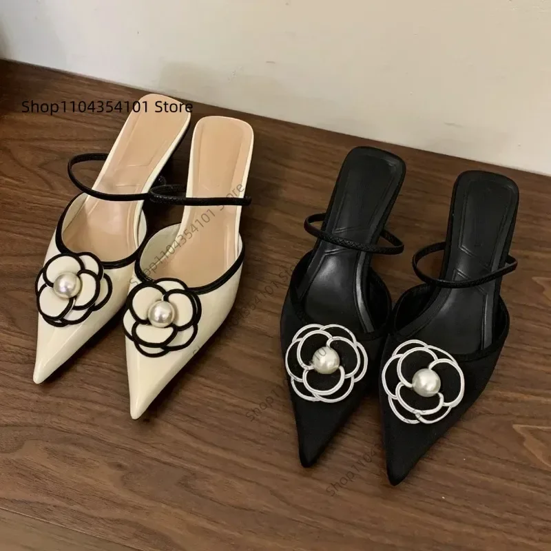 

2025 Flower Pointed Toe High Heels Women Luxury Designer Sandals Female Summer Elegant Fashion Pumps Flower Mule Slippers Women