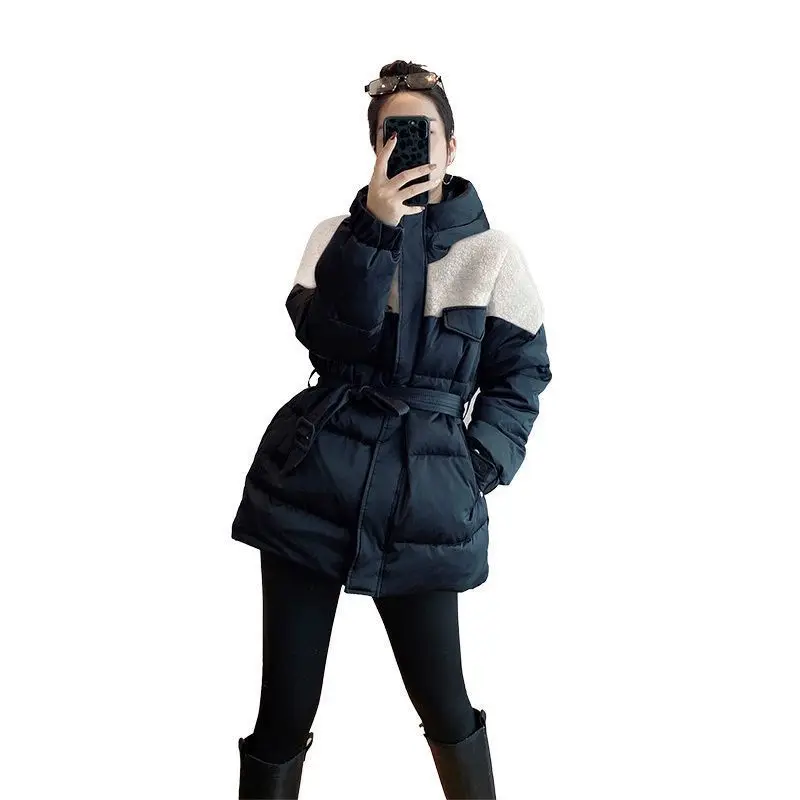 معطف قطني من صوف الضأن الأسود للنساء شتوي متوسط الطول وخصر قابل للتعديل وسترات مبطنة بالقطن بقلنسوة #5