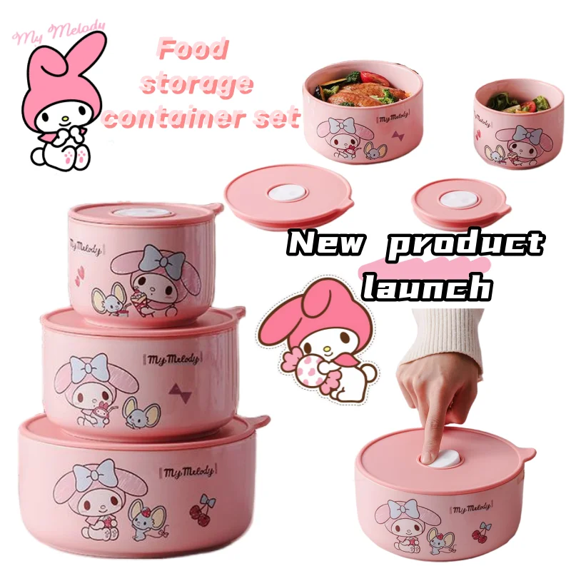 

Sanrio Kuromi My Melody Kawaii Cute Print Travel Portable High-Value Ceramic Fresh-keeping Bowl with Lid Gift for Girlfriends.