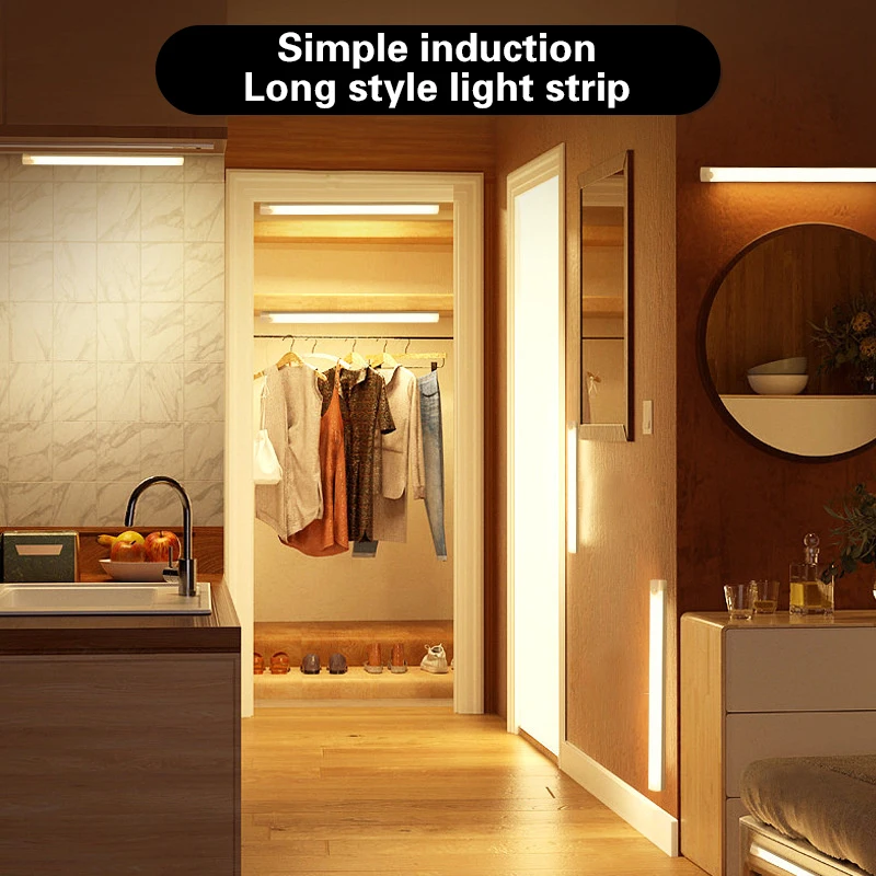 LED Strip Panjang Sensor Tubuh Lampu Malam Lampu Baca Meja Kabinet Samping Tempat Tidur Kamar Mandi Lampu Dingin/Hangat Lampu Magnetik Isi Ulang