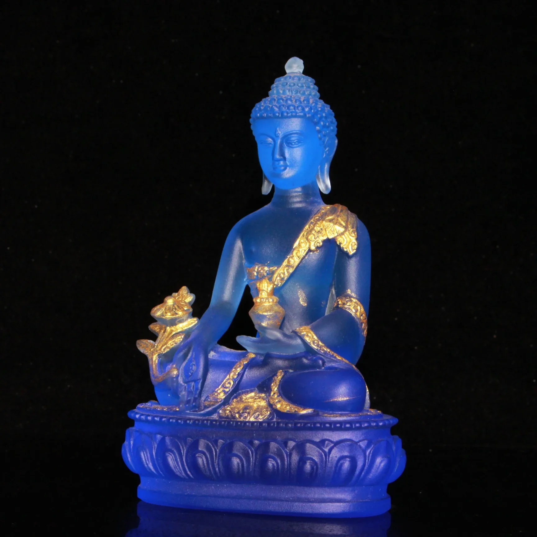 Tibet Buddhism Blue Liuli Glaze Glass Gild Handmade Medicine Buddha Buddha Statue