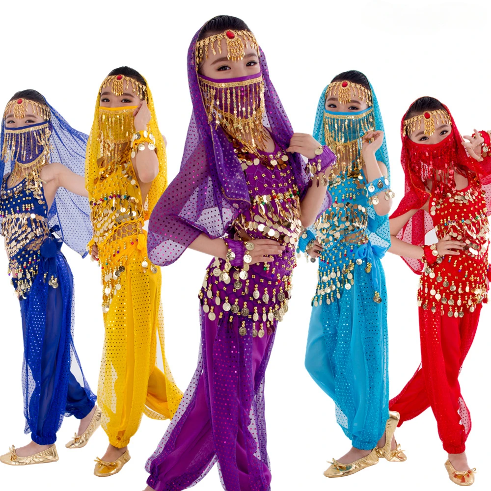 Bambini Bollywood Vestito Ragazze Costume di danza del ventre Set 2-8 Pezzi Danzatrice del ventre Cintura Pantaloni Velo Accessori per Ali Maschera per bambini