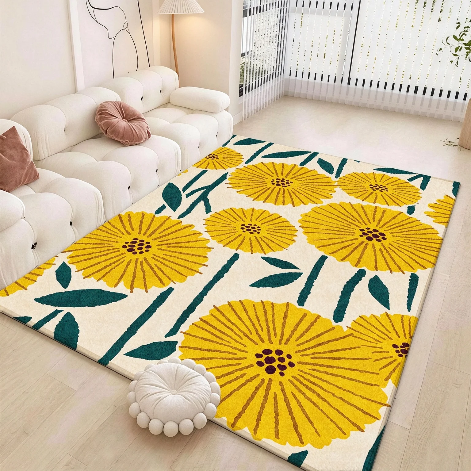 [2D Flat] Rectangle Rug, Yellow Green Floral Pattern, Vintage Hand-Painted Style, Bedside Dining Table Mat, Kitchen Anti-Slip Mat, Game Room Entrance Carpet, Floor Mat for Room