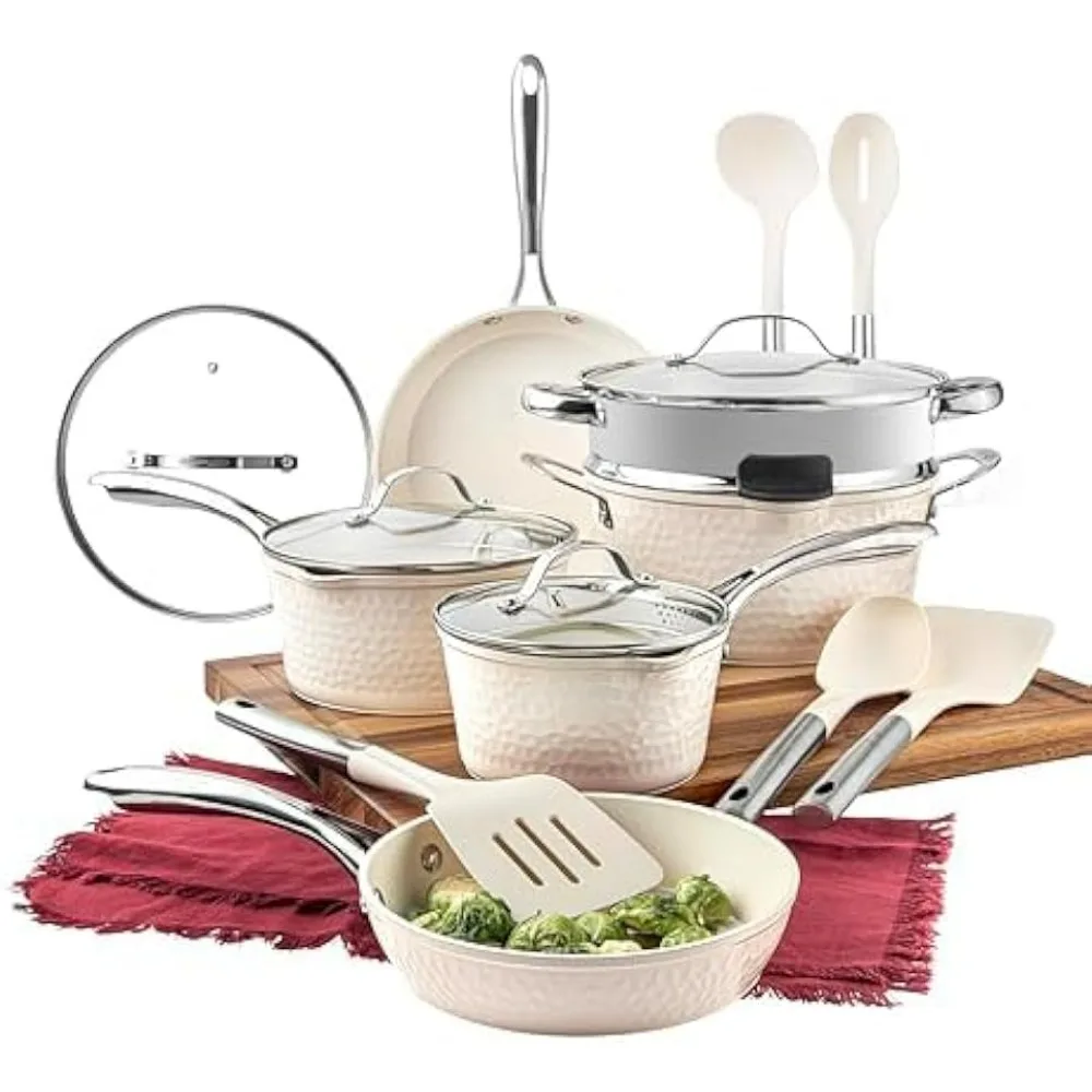 Hammered 15 Pc Ceramic Pots and Pans Set Non Stick Pots and Pan Set Dishwasher Safe Cream White Cookware Kitchen Dining Bar Home