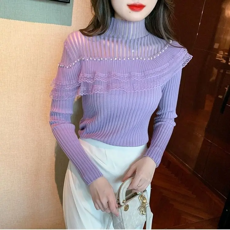 2023 Autumn Winter Ruffles Edge Solid Color Turtleneck Women Clothes Fit Leisure Elegant Beaded Long Sleeved Knitting Shirts