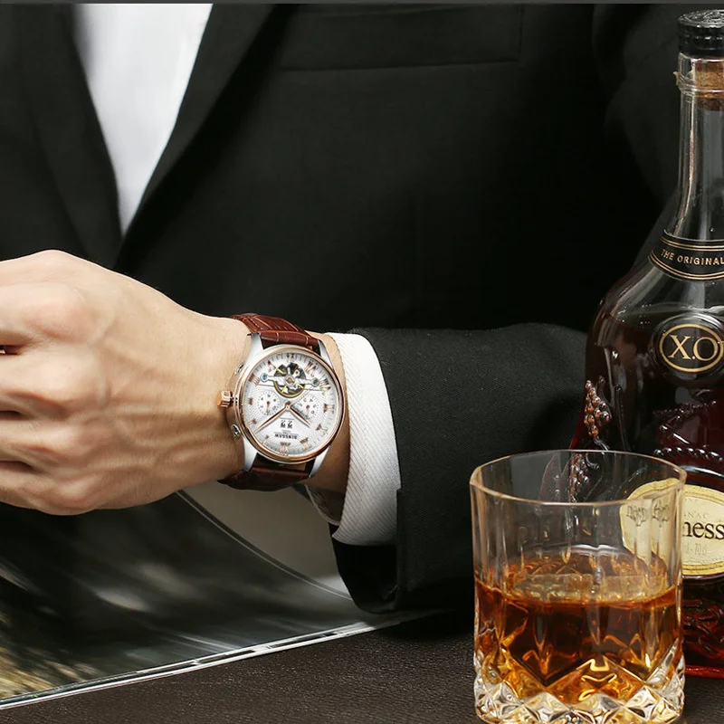 KINYUED أزياء رجالي فاخرة العلامة التجارية الأصلية توربيون ساعات آلية رجالية جلدية مقاوم للماء التلقائي التناظرية ساعة للرجل