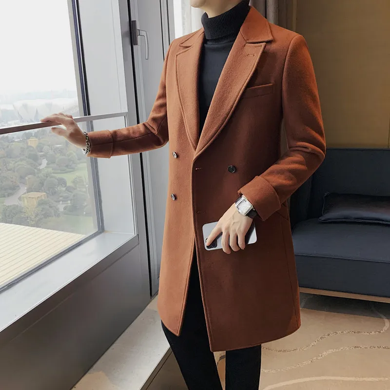 Autumn Long Woolen Windbreaker Jackets Men's Solid Double Breasted Casual Business Coat Overcoat Social Streetwear Men Clothing