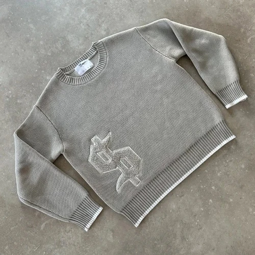 Y2K-suéter de punto gris con cuello redondo para hombre, jersey Retro Harajuku con patrón de símbolo Popular, ropa cálida para otoño e invierno