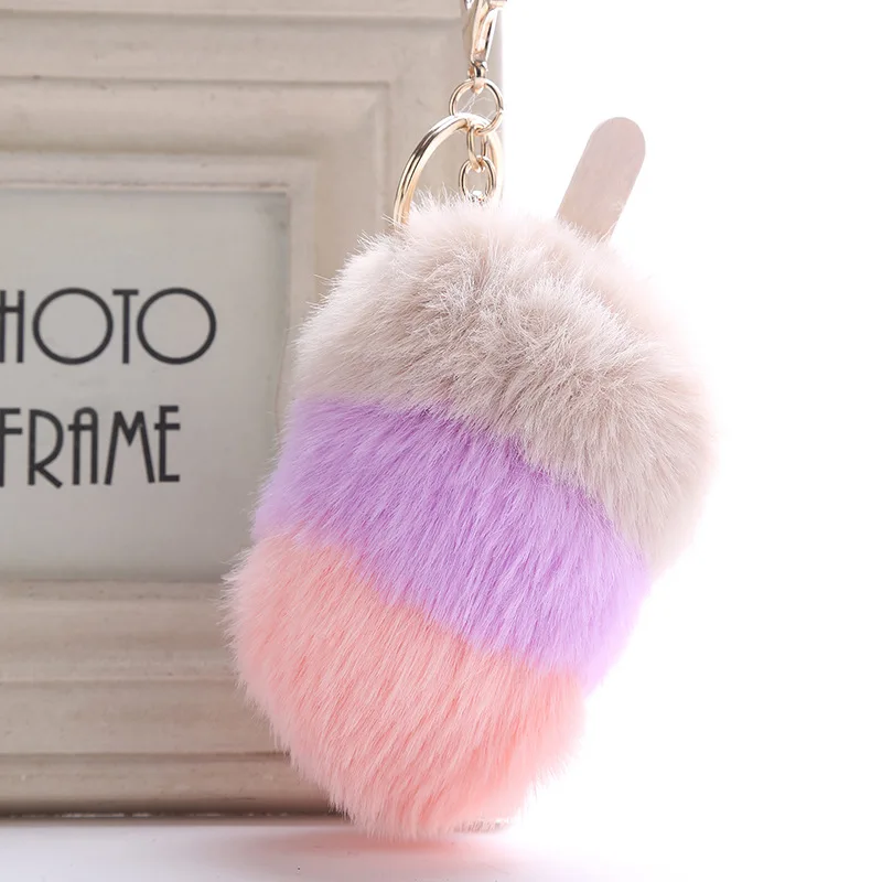 Cute Ice Cream Keychains For Women Men Plush Fluffy Pom Pom Pendant Key Ring Holder Faux Fur Charms Bag Decoration Jewelry Gift