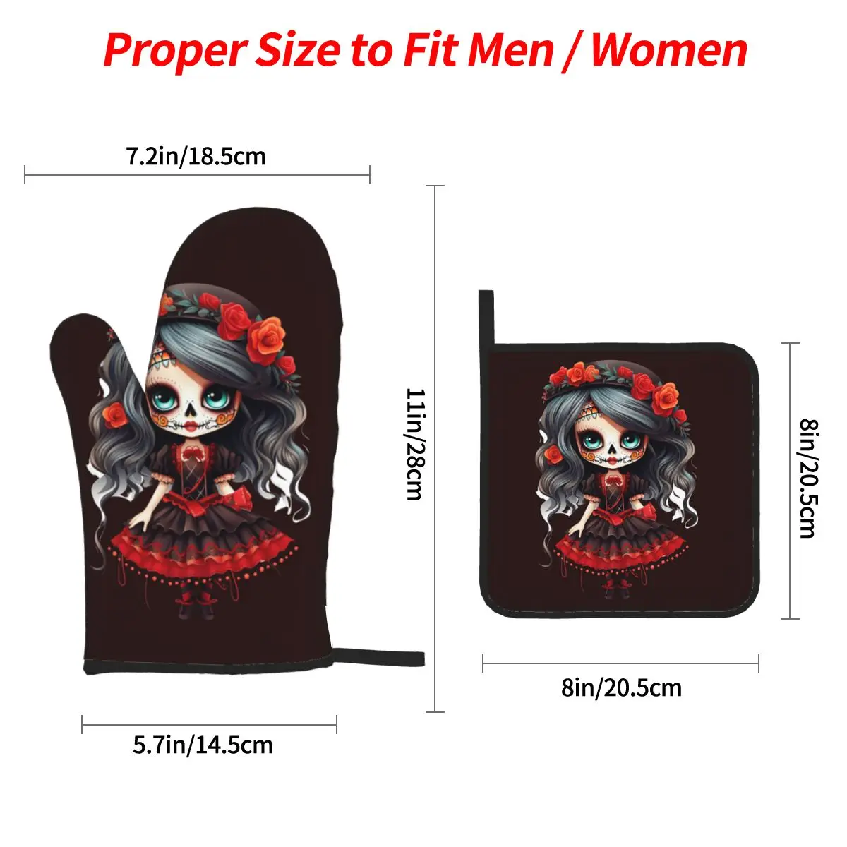 Alexander Gothic Las Elegantes Girls Day Of Dead Skull Oven Mitts and Pot Holder Sets of 4 for Baking Kitchen Cooking BBQ Gloves