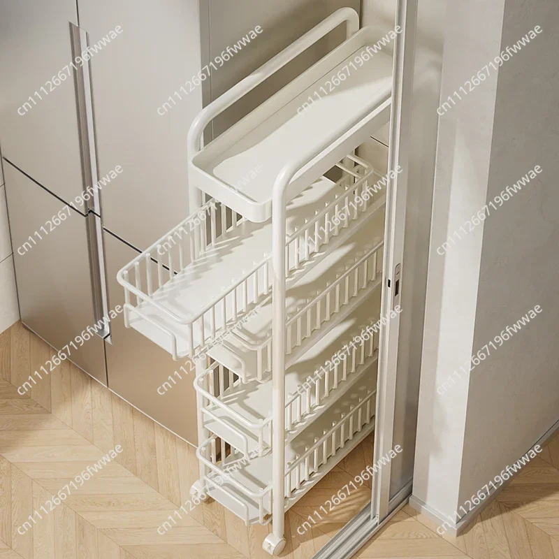 Side of Refrigerator Storage Rack Ultra Narrow Pull-out Seasoning Rack Multifunctional Bathroom Shelf with Pulley Kitchen Cart