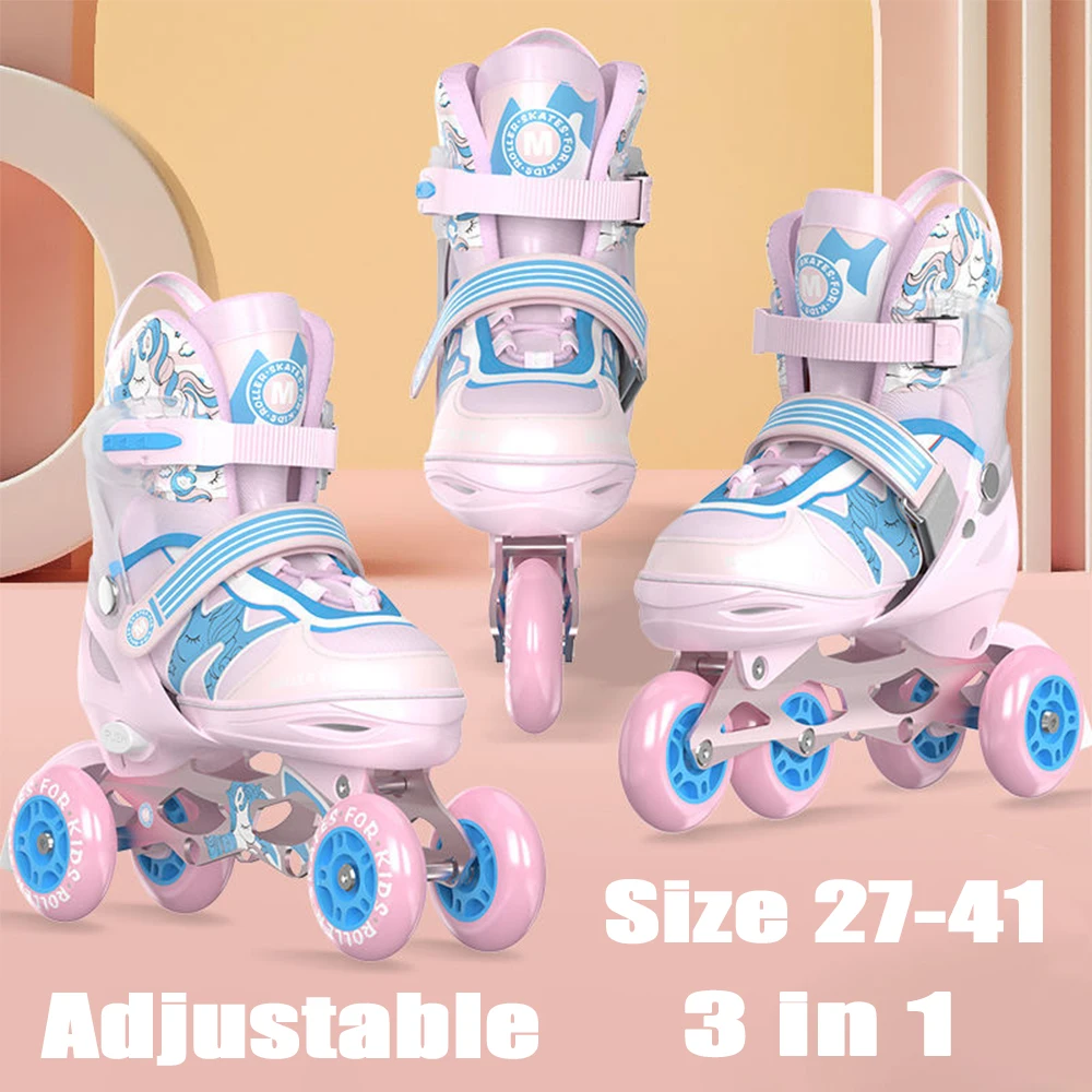 

3 In 1 Adjustable Size 27-41 Roller Skates Set Protective Gear Flashing Inline Double Row Skate Shoes Outdoor Skating Sneakers