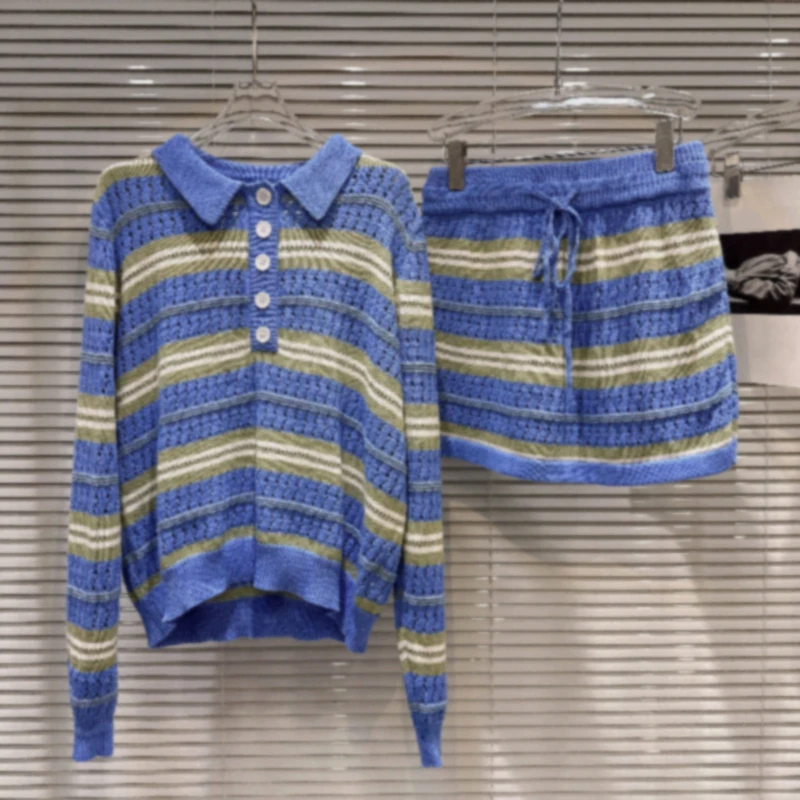 

Fashionable Hollow Out Striped Knitted Shirt+Elastic Waist Shorts Two Piece Set Women Autumn New Color Blocking Set