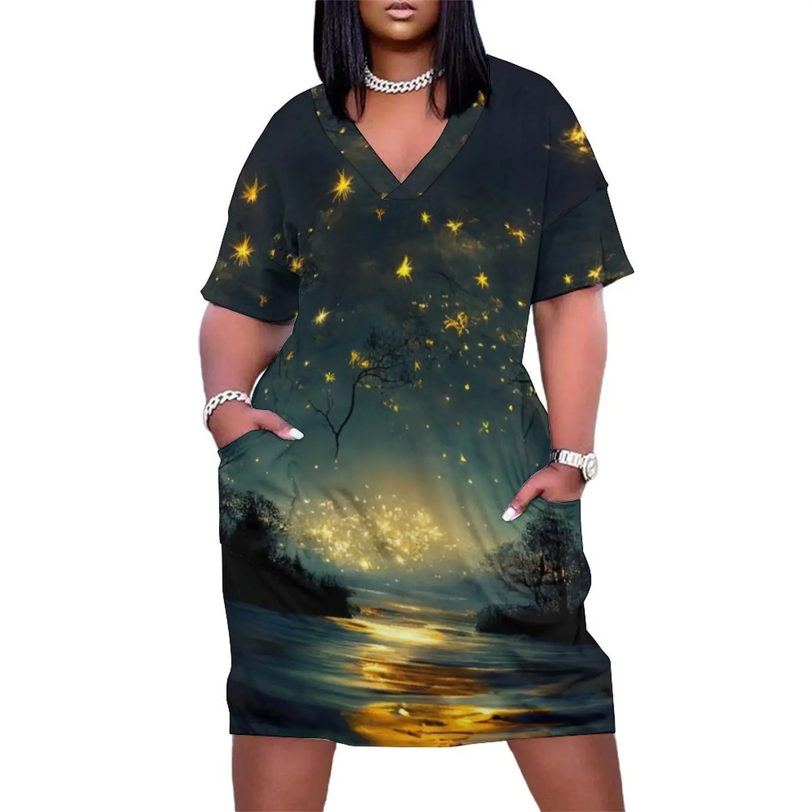 Beautiful twinkling stars in a big sky over a tree lined lake. Loose Pocket Dress women's clothing korea stylish