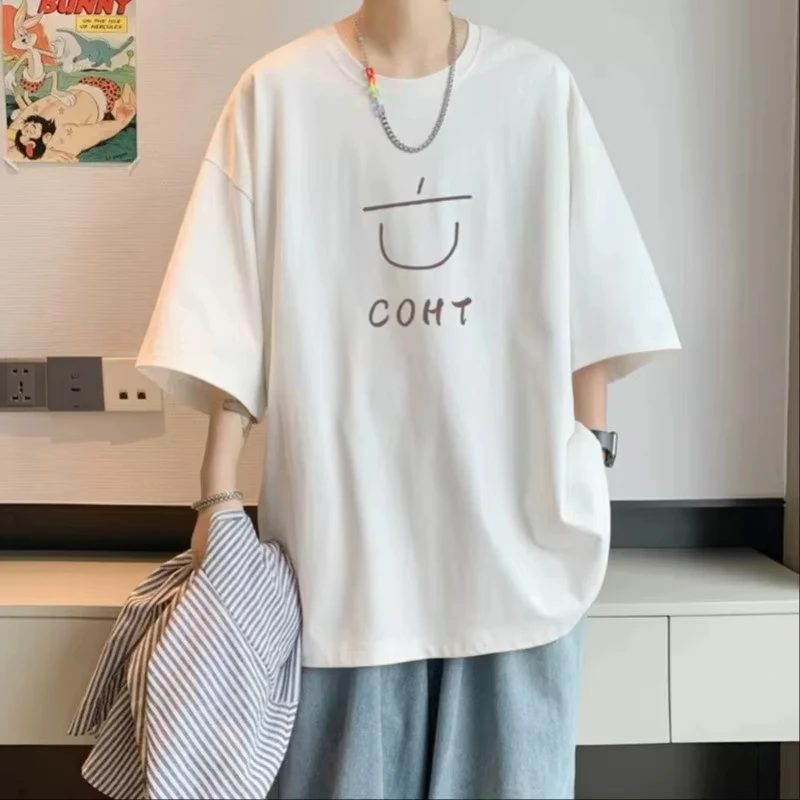 Unisex Minimal Line Smiley Face Letter Print T‑Shirt Short Sleeve Crew Neck Casual Loose Basic Streetwear Tops for Men Women