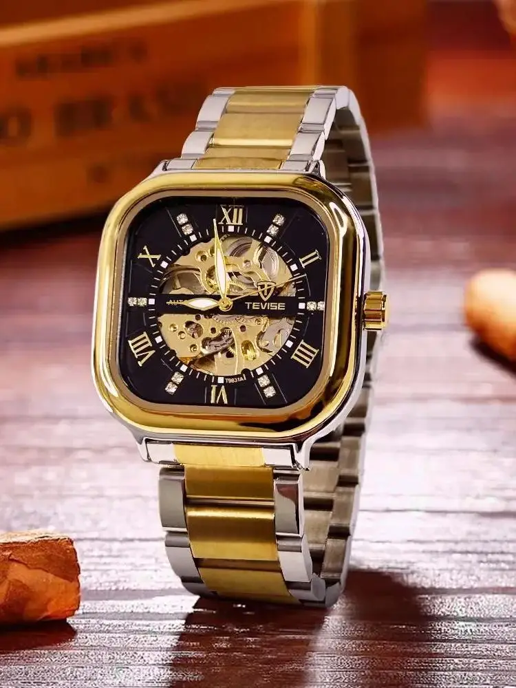 

Мужские автоматические часы TEVISE в стиле ретро, квадратные, с прозрачным корпусом, видимым механическим механизмом, браслет из нержавеющей стали, без батареи.