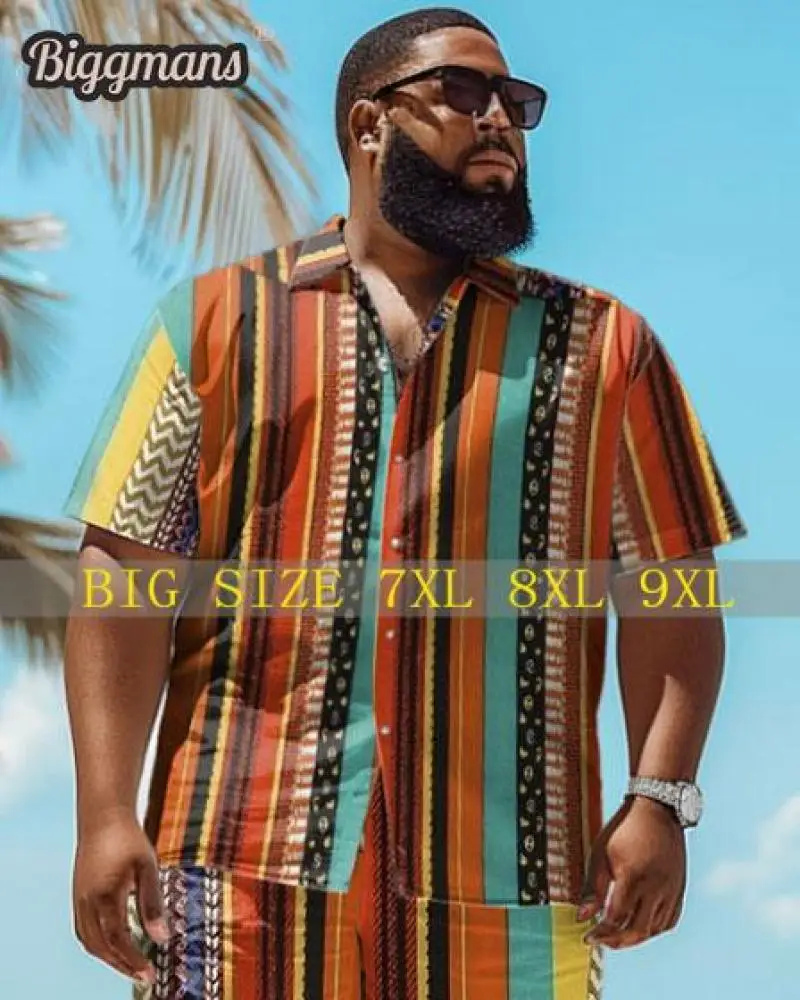 

Biggmans Shirt Plus Size L-9Xl for Summer Beach Men's Oversize Beach Hawaiian Colorful Block Print Shirt Shorts Top 7XL 8XL