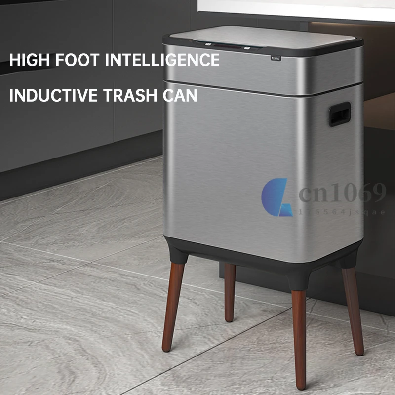 

New Large Capacity Motion Kitchen Trash Can with Wooden Legs Brushed Stainless Steel Motion Sensor Trash Can Kitchen Garbage Bin