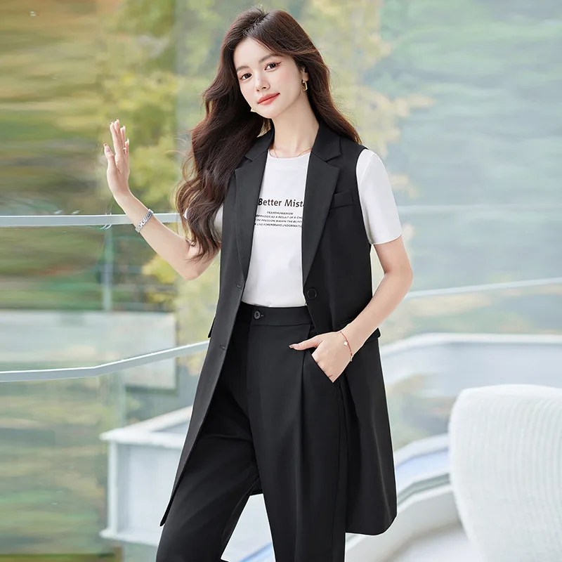 Black Suit Vest Trench Coat Women's High-Grade Summer New Mid-Length Business Suit Vest Overalls