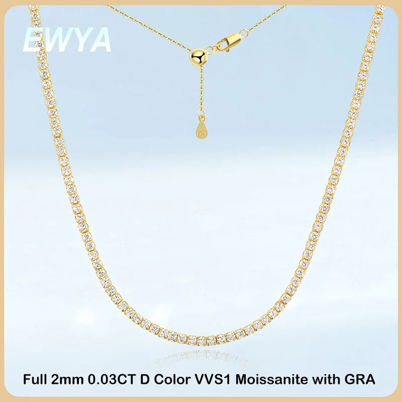 

EWYA Adjustable Full 2mm 0.03CT D Color Moissanite Tennis Necklace for Women 925 Silver Plated 18K Gold Choker Neck Chain Gift