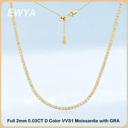 EWYA Adjustable Full 2mm 0.03CT D Color Moissanite Tennis Necklace for Women 925 Silver Plated 18K Gold Choker Neck Chain Gift