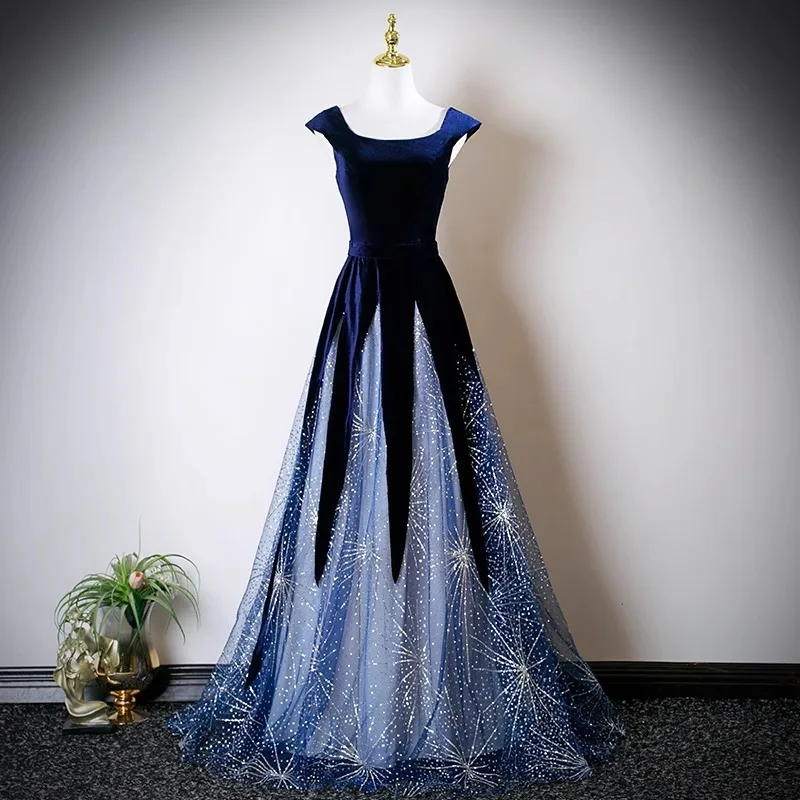 

Elegant Square Neck Blue Evening Dress Women's Contrasting Color Lace Performance Gowns French Style Sequined Party Dresses