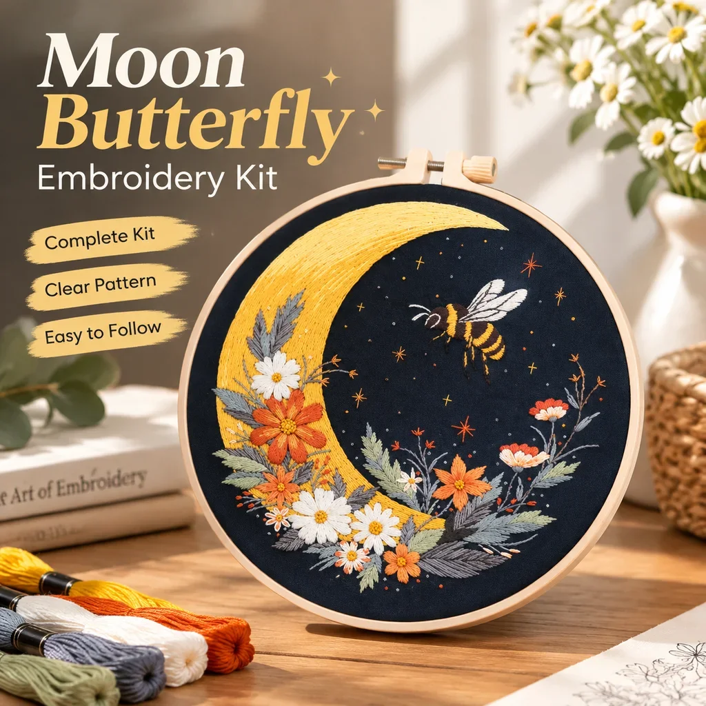 New Moon Butterfly Embroidery Kit with EN Instruction Thread Stamped Cloth with Pattern for DIY Art Craft