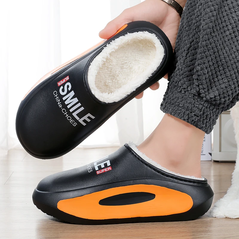 Winter Men Warm Slippers Cotton Slippers Outdoor Indoor Warm Shoes Waterproof Men Couple Comfortable Home Bedroom Plush Slippers