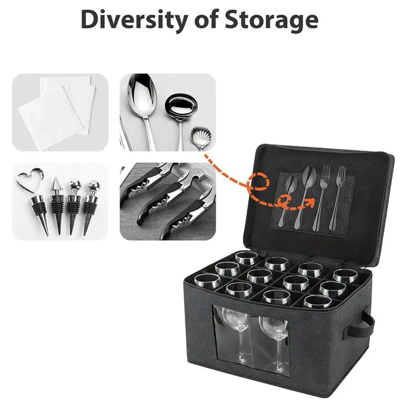 5X Wine Glass Storage Box With Lid, Hard Shell Stemware Storage Container With 12 Dividers, Glassware Packing Box