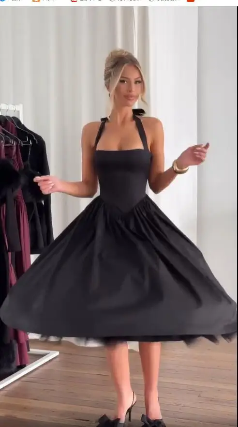

TAFN Halter Tea Length Black Party Evening Dresses Formal Birthday Gowns Sleeveless Homecoming Dress Corset Back Customized