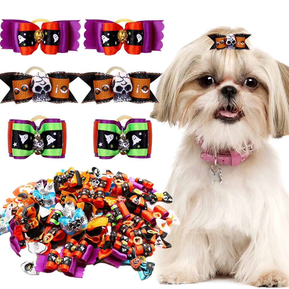 

60PCS Dog Bows Skull Pumpkin Decoration Puppy Bowknots Handmade Halloween Party Dog Hair Accessories Pet Supplies For Dogs Bulk