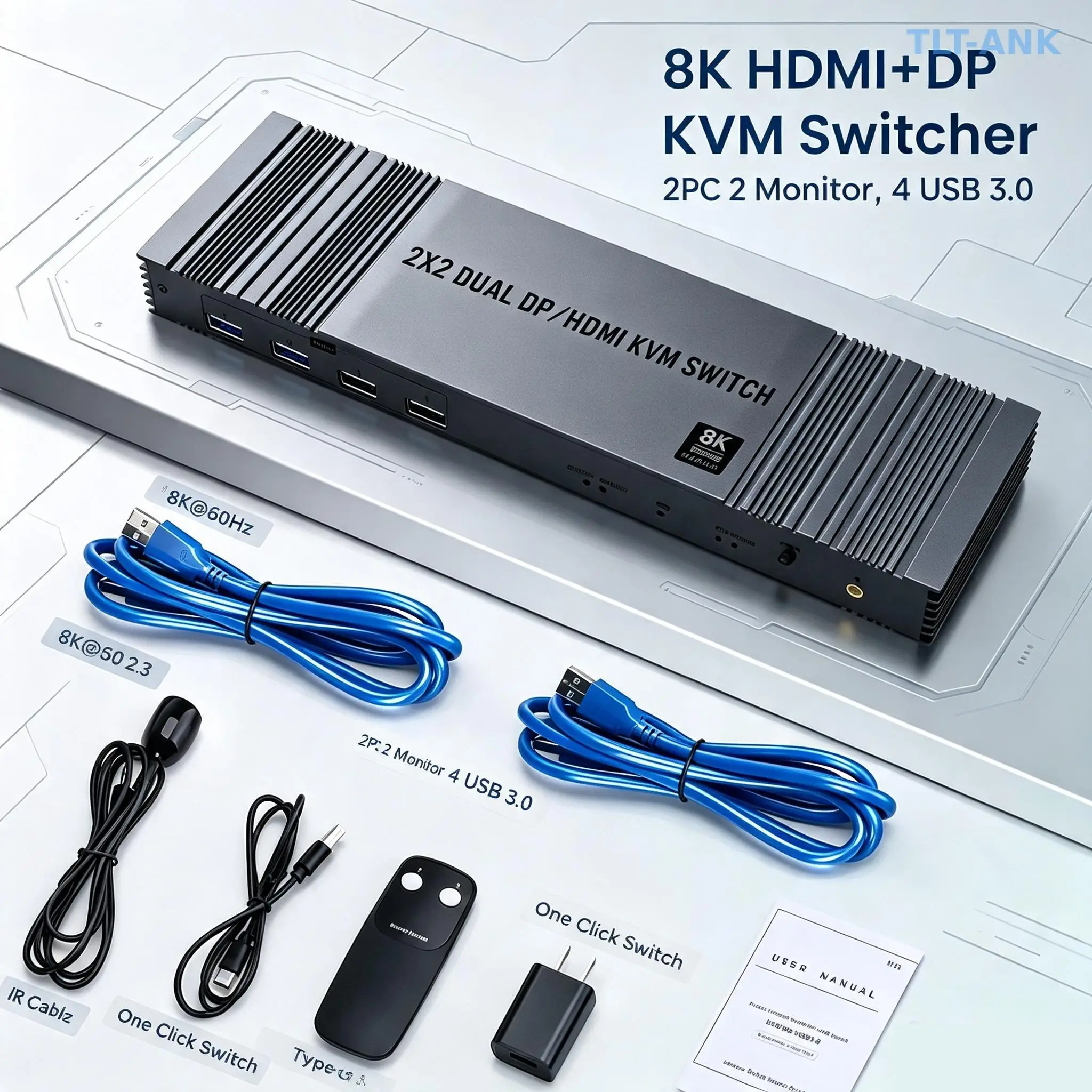 Dual Monitor HDMI+DP KVM Switch 2x2 8K Display 2 Monitors 2 Computers 2 in 2 Out USB 3.0 DP HDMI KVM Switch with IR Controller