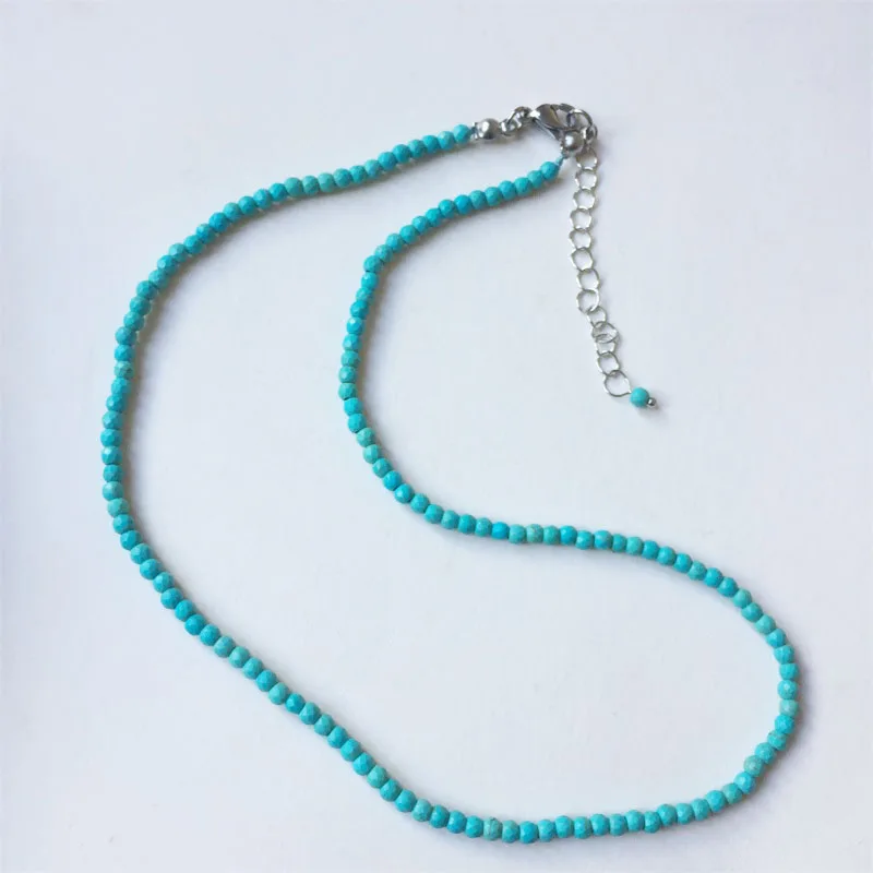 3MM 4MM Faceted Turquoise Necklace Gemstones Natural Stones Beaded Collier Femme Women Unique Vintage BOHO Adjustable