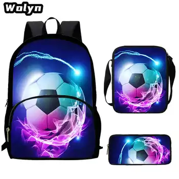 3pcs Set 3D Football Printed School Backpack for Grade 1-3 Shoulder Bags with Pencil Case, Large Soccer School Bags for Boys