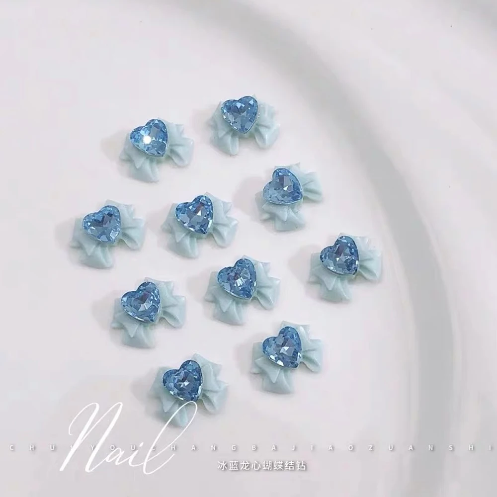 New Mint Blue Bow Nail Decoration 10 Pieces 8-10-12-14mm Summer Fashion Resin Zircon Nail Charm Women's Party Nails Accessories